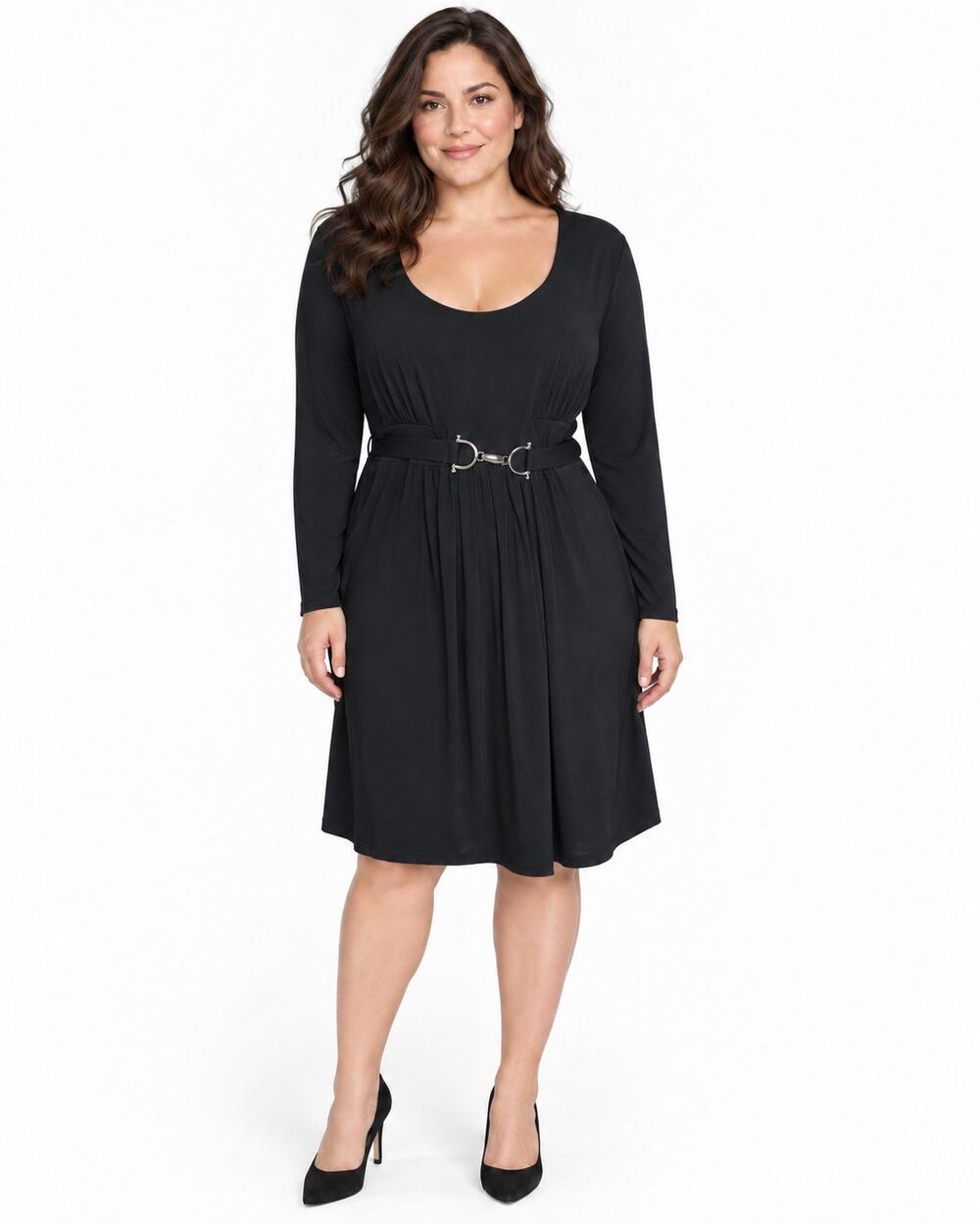 Daisy Fuentes XL Black Belted Dress Long Sleeve Scoop Neck Stretch